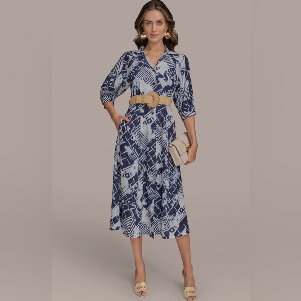 New Donna Karan Navy Geometric Midi Dress